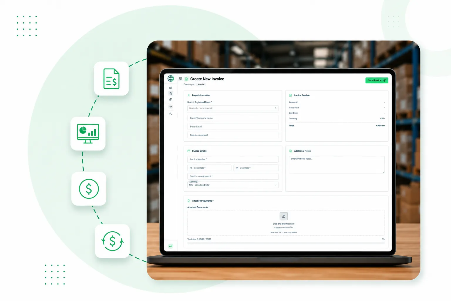 Laptop with digital invoicing system in warehouse